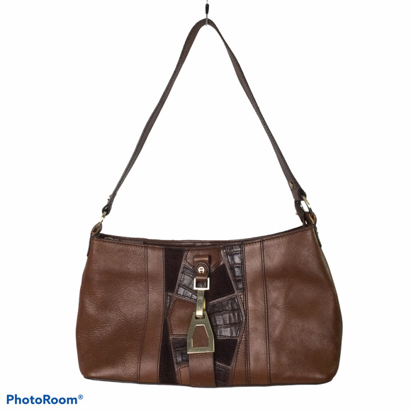 Etienne Aigner Handbags - Etienne Aigner Brown Genuine Leather Color Block Zippered Small Shoulder Bag